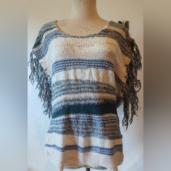 Ecote' blue and white fringe sweater - Picture 1 of 4
